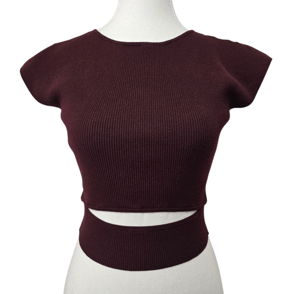Wilfred Aritzia Ribbed Short Sleeve Blouse Dark Purple Front Slit Detail Sz M